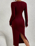 Elegant Long Sleeve Crew Neck Dress - Versatile Ribbed Knit with Split Hem, Perfect for Women in Fall & Winter