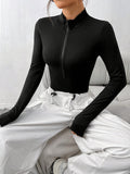 Slim-Fit Women's Bodysuit - Elegant Solid Color Zip-Up, Stretchy Polyester & Spandex Blend, Machine Washable