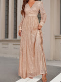 Elegant Sequin V-Neck Maxi Dress with High Waist - Long Sleeve, Floor-Length Evening Gown for Women