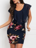 Vibrant Floral Print Ruffle Trim Bodycon Mini Dress - Scoop Neck, Short Sleeve, Casual Beach Summer Wear - Women's Fashion Clothing for Warm Weather
