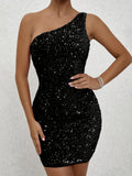 Glittering Sequined One Shoulder Bodycon Dress - Flattering Slim Fit for Nightlife & Parties - Fashionable Womens Mini Dress