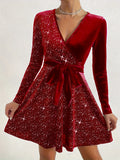 Stunning Solid Contrast Sequin Mini Dress - Elegant V Neck Long Sleeve Dresses for Women - Sparkling Evening Wear with Flattering Fit and Chic Design
