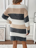 Women's Color Block Fuzzy Knitted Mini Dress - Elegant Drop Shoulder, Lantern Sleeve, Crew Neck, Perfect for Fall & Winter Season