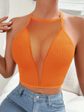 Sexy Seamless Halter Neck Mesh Ribbed Cami Vest Top - Ultra Breathable, Stretchy, and Comfortable - Perfect for Women's Lingerie, Underwear, and Loungewear