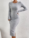 Elegant Long Sleeve Crew Neck Dress - Versatile Ribbed Knit with Split Hem, Perfect for Women in Fall & Winter