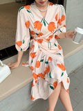 Stunning Floral Print Wrap Dress - Elegant Surplice Neckline, Ruffled Hem, Lantern Sleeves, Flowy Silhouette, Comfortable Wear, Women's Clothing