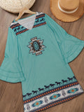 Aztec Print Dress, Ethnic Layered Flared Sleeve V Neck Dress, Women's Clothing
