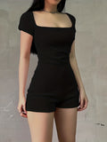 Cozy Ribbed Knit Romper Jumpsuit - Soft Casual Short Sleeve Square Neck Design, Comfortable Women's Clothing for Everyday Wear, Versatile and Chic
