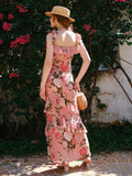 Floral Print Ruffle Trim Off Shoulder Dress, Elegant Stylish Slim Fit Maxi Dress For Spring & Summer, Women's Clothing