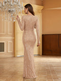 Long Sleeve Sequin Ruched Mermaid Bodycon Dress - Elegant V-Neck Plunging Split Evening Gown for Women - Hand Washable, Micro Elastic, Solid Color, Customized, All-Season Party & Banquet Outfit