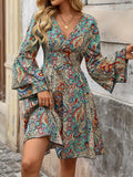 Vibrant Paisley Print V Neck A-Line Dress - Women's Elegant Vacation Dresses with Layered Sleeves