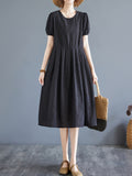 Zjkrl  -  Vibrant Color Crew Neck Chic Dress - Women's A-line Dresses with Short Sleeves, Cinched Waist, Minimalist Design for Spring & Summer, Elegant Casual Wear for Ladies