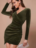 Elegant Velvet Ruched V-Neck Slim Fit Long Sleeve Bodycon Dress for Women - Party & Banquet Wear