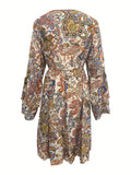 Vibrant Paisley Print V Neck A-Line Dress - Women's Elegant Vacation Dresses with Layered Sleeves
