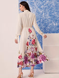 Chic Floral Print Long Sleeve Tie Neck Dress - Cinched Waist, Pleated, Comfortable, Versatile for Spring & Fall, Women's Elegant Clothing for Everyday Wear