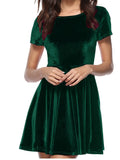 Elegant Velvet Dress - Fitted Solid Waist, Ruffled Hem, Short Sleeves, Classic Crew Neck - Exuding Sophistication, Designed for Womens Clothing