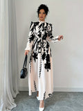 Stunning Floral Print Long Sleeve Belted A-line Dress with Elegant Ruffle Trim Mock Neck, Women's Clothing