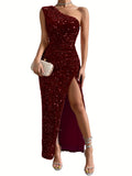 Glamorous Sequined One-Shoulder Gown - Thigh-High Slit, Tailored Fit - Ideal for Parties & Galas