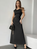 Elegant Peplum Maxi Dress for Women - Polyester Blend, Crew Neck, Solid Color, Sleeveless, Woven Summer Dress