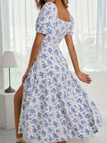 Elegant Floral Puff Sleeve Dress - Lightweight, Split Hem A-line for Spring & Summer Occasions