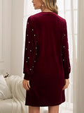 Elegant Velvet Dress with Pearl Accents - Lantern Sleeves, Crew Neck, Machine Washable - Perfect for Fall/Winter