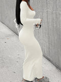 Long Sleeve Solid Casual Maxi Dress, Simple Scoop Neck Dress for Women