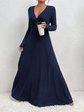 Long Sleeve Elegant Fit and Flare Maxi Dress - Soft Micro Elasticity Polyester Fabric, V-Neck Ribbed Surplice Neck, Machine Washable, Customized Style for Women - Perfect for Spring and Fall Seasons