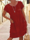 Vibrant Solid Color Crew Neck Dress - Women's Casual Short Sleeve Dresses for Spring & Summer - Comfortable, Breathable, Easy Care Clothing for Everyday Wear