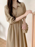 Stylish Solid Color Tie Waist Midi Dress - Women's Long Sleeve Pocket Dress for Spring & Fall - Korean Inspired, Zip Up Collared, Comfortable and Versatile Clothing for Ladies