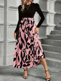 1pc Vintage Style Women'S Long Knit Dress with Floral Print and Contrast Color Puff Sleeves, Round Neck, Polyester, Loose Fit Skirt, Two-Tone Design for Autumn/Winter