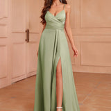 Zjkrl  -  Elegant V-Neck Sleeveless Maxi Dress with Side Slit - Sexy One-Shoulder Design for Weddings & Parties, Polyester, Machine Washable