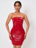 Solid Faux Leather Tube Dress, Elegant Sleeveless Bodycon Mini Dress, Women's Clothing