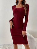 Bodycon Midi Dress - Elegant Square Neck, Long Sleeve, Ribbed Solid Color, Perfect for Spring and Fall, Women's Clothing