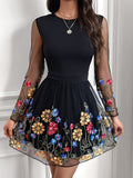 Elegant Semi-Sheer Embroidered Crew Neck Fit and Flare Dress - Micro Elastic Polyester Long Sleeve A-Line Dress for Spring and Fall - Womens Elegant Clothing for Adult