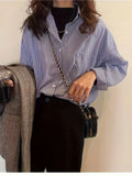 Stylish Chic Striped Long Sleeve Shirt for Women - Soft Polyester Fabric, Machine Washable, Non-Sheer, Breathable, and Comfortable - Perfect for All Seasons, Casual Daily Wear, Work, and Outdoor Activities