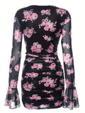 Stunning Floral Mesh Bodycon Dress - Women's Chic Vintage-Inspired Long Sleeve Cowl Neck Dresses with Stretch Fabric, Machine Washable, and Comfortable Fit