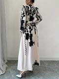 Stunning Floral Print Long Sleeve Belted A-line Dress with Elegant Ruffle Trim Mock Neck, Women's Clothing