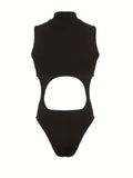 Sleeveless Y2K Cut Out Mock Neck Bodysuit, Women's One Piece Clothing