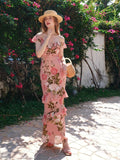 Floral Print Ruffle Trim Off Shoulder Dress, Elegant Stylish Slim Fit Maxi Dress For Spring & Summer, Women's Clothing