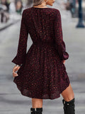 Ditsy Floral Print Dress, Elegant Ruffle Hem Drawstring Long Sleeve Dress, Women's Clothing