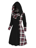 Chic Plaid Hooded Dress - Long Sleeve A-Line Style with Trendy Splicing - Perfect Casual Wear for Women - Autumn/Winter Fashion Staple