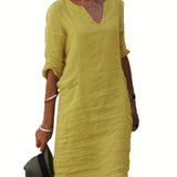 Zjkrl  -  3/4 Sleeve Elegant Tunic Dress - Notched Neck, Contrast Collar, Micro Elasticity, Semi-Sheer, Machine Washable, Solid Color, Perfect for Spring/Summer/Fall, Womens Casual Knee Length Polyester Dress