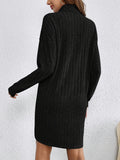 Long Sleeve Elegant Ribbed Turtleneck Plain Color Dress for Spring & Fall, Women's Clothing