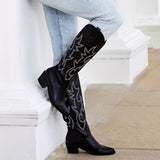 Western Cowboy Embroidery Women Knee High Boots Country Concert Disco Chunky Heel Pointed Toe Cowgirl Long Boots Vintage Retro Woman Shoes