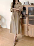 Stylish Solid Color Tie Waist Midi Dress - Women's Long Sleeve Pocket Dress for Spring & Fall - Korean Inspired, Zip Up Collared, Comfortable and Versatile Clothing for Ladies
