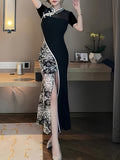 Long Length Floral Print Bodycon Cheongsam Dress - Elegant Mandarin Collar, Half Sleeve, Semi-Sheer, Micro Elasticity, Regular Fit, Slit Hem, Polyester Fabric, Random Printing - Womens Elegant Clothing for All Seasons