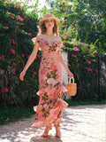 Floral Print Ruffle Trim Off Shoulder Dress, Elegant Stylish Slim Fit Maxi Dress For Spring & Summer, Women's Clothing