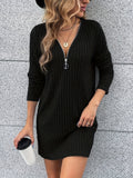 Women'S Solid Color Ribbed Dress, Polyester, Deep V-Neck, Knit Fabric, Fitted, Adult, Autumn/Winter Fashion, Casual Style