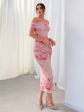 Elegant Backless Off Shoulder Floral Print Dress for Party & Banquet, Women's Clothing