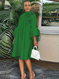 Plus Size Button Front Solid Dress, Elegant Mock Neck Ruffle Cuff 3/4 Sleeve Dress, Women's Plus Size Clothing
